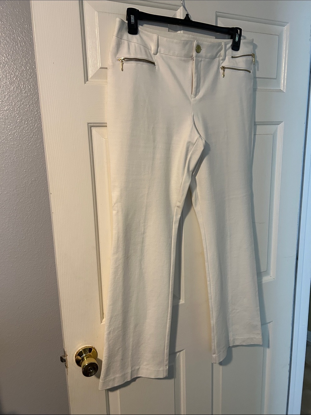 White Women's Stretch Pants with Gold Zipper Detail